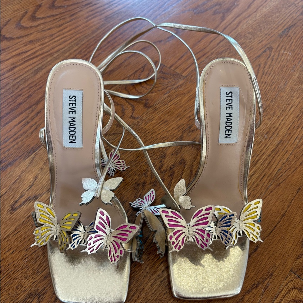 Steve Madden Gold Butterfly Embellished Heels with Gladiator Strap Ties